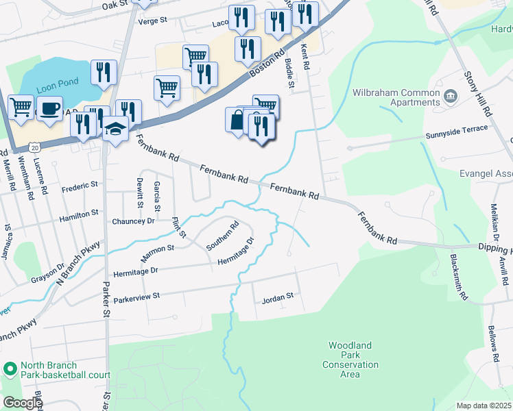 map of restaurants, bars, coffee shops, grocery stores, and more near 193-321 Fernbank Road in Springfield