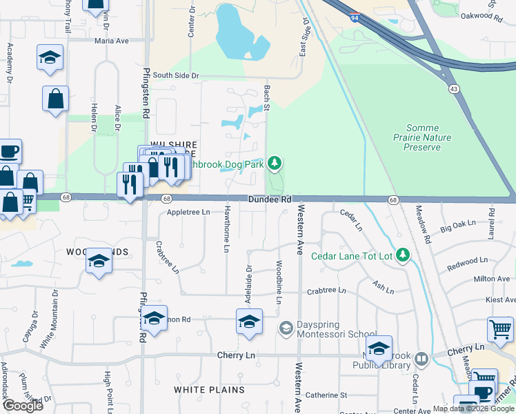 map of restaurants, bars, coffee shops, grocery stores, and more near 2515 Dundee Road in Northbrook