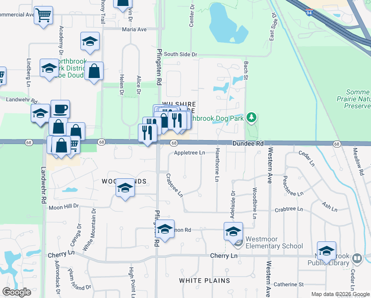 map of restaurants, bars, coffee shops, grocery stores, and more near 2690 Appletree Lane in Northbrook