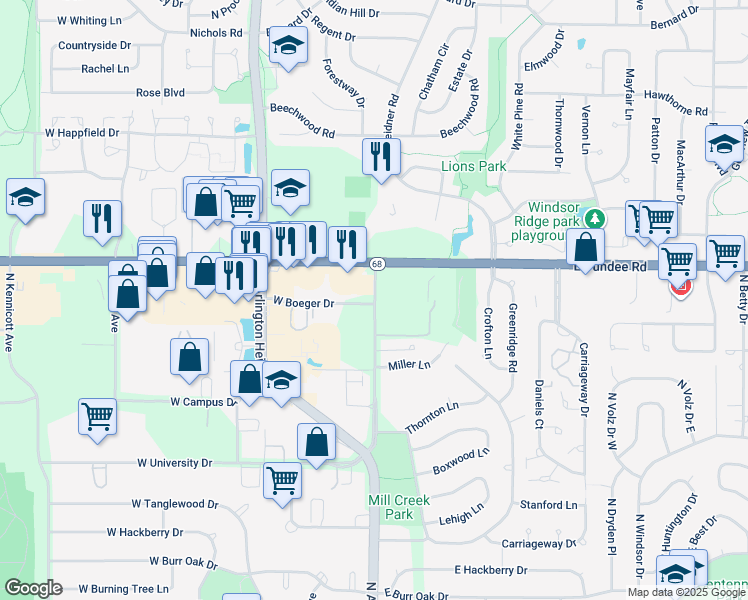 map of restaurants, bars, coffee shops, grocery stores, and more near 3430 North Old Arlington Heights Road in Arlington Heights