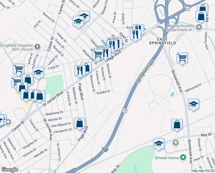 map of restaurants, bars, coffee shops, grocery stores, and more near 87 Duryea Street in Springfield
