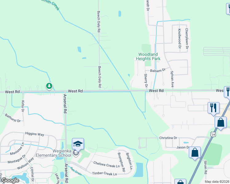 map of restaurants, bars, coffee shops, grocery stores, and more near 25410 West Road in Brownstown Charter Township