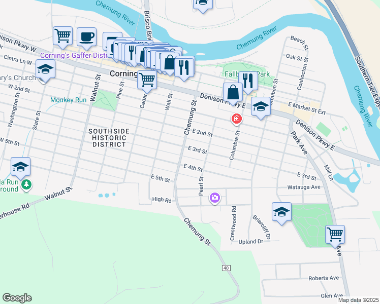 map of restaurants, bars, coffee shops, grocery stores, and more near 166 East 3rd Street in Corning