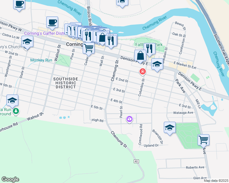 map of restaurants, bars, coffee shops, grocery stores, and more near 166 East 3rd Street in Corning
