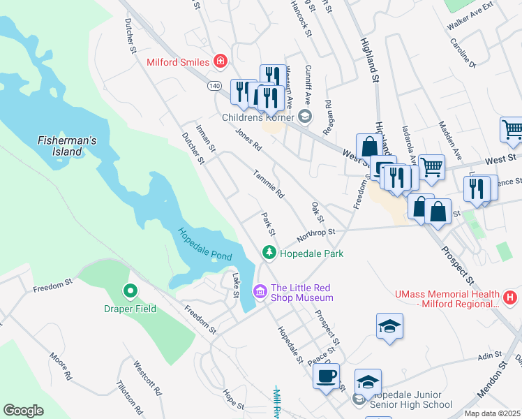 map of restaurants, bars, coffee shops, grocery stores, and more near 6 Park Street in Hopedale
