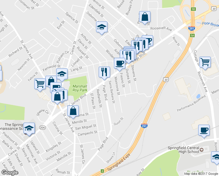 map of restaurants, bars, coffee shops, grocery stores, and more near 104 Santa Barbara Street in Springfield
