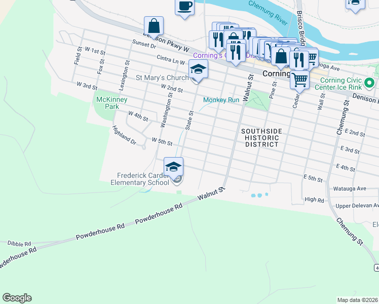 map of restaurants, bars, coffee shops, grocery stores, and more near 146 West 5th Street in Corning