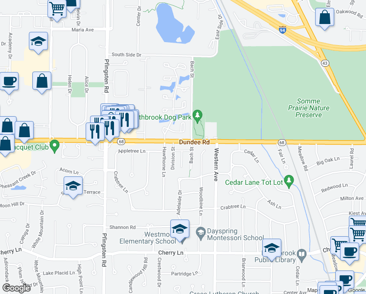 map of restaurants, bars, coffee shops, grocery stores, and more near 2515 Dundee Road in Northbrook