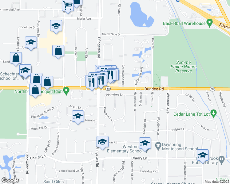 map of restaurants, bars, coffee shops, grocery stores, and more near 2690 Appletree Lane in Northbrook