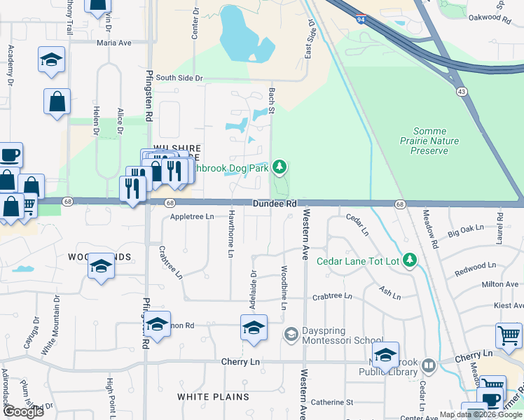 map of restaurants, bars, coffee shops, grocery stores, and more near 2515 Dundee Road in Northbrook