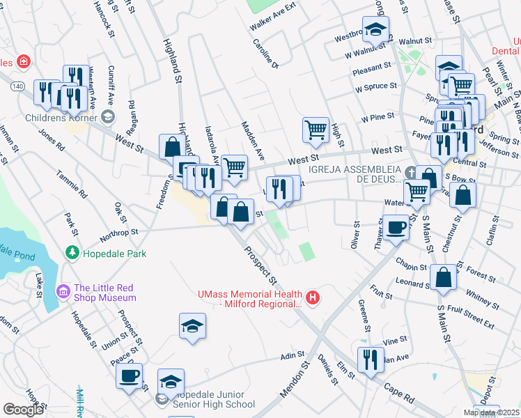 map of restaurants, bars, coffee shops, grocery stores, and more near 77 Water Street in Milford