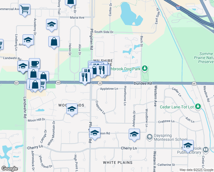 map of restaurants, bars, coffee shops, grocery stores, and more near 2690 Appletree Lane in Northbrook