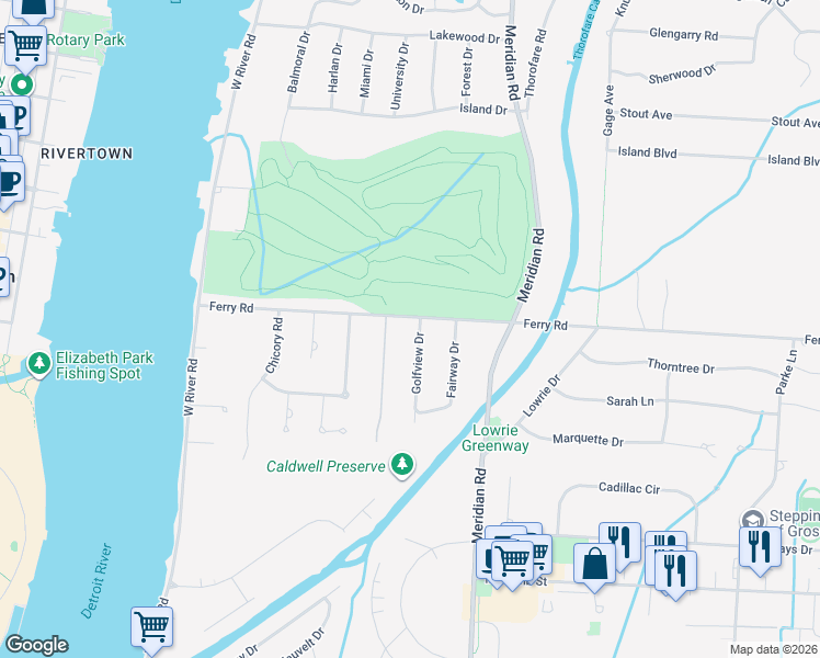 map of restaurants, bars, coffee shops, grocery stores, and more near 23298 Golfview Drive in Grosse Ile Township