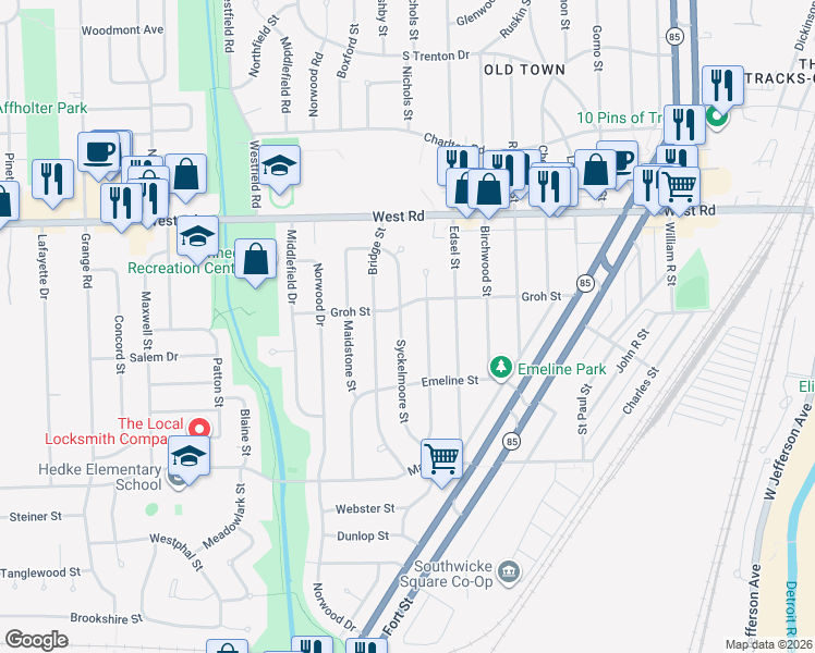 map of restaurants, bars, coffee shops, grocery stores, and more near 3145 Syckelmoore Street in Trenton