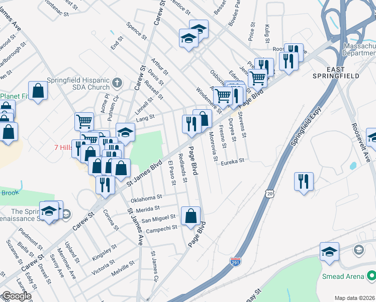map of restaurants, bars, coffee shops, grocery stores, and more near 458 Page Boulevard in Springfield