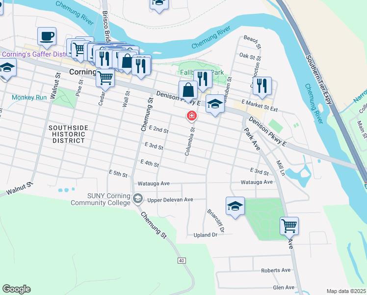 map of restaurants, bars, coffee shops, grocery stores, and more near 191 Columbia Street in Corning