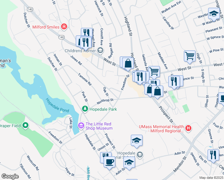 map of restaurants, bars, coffee shops, grocery stores, and more near 112 Jones Road in Hopedale