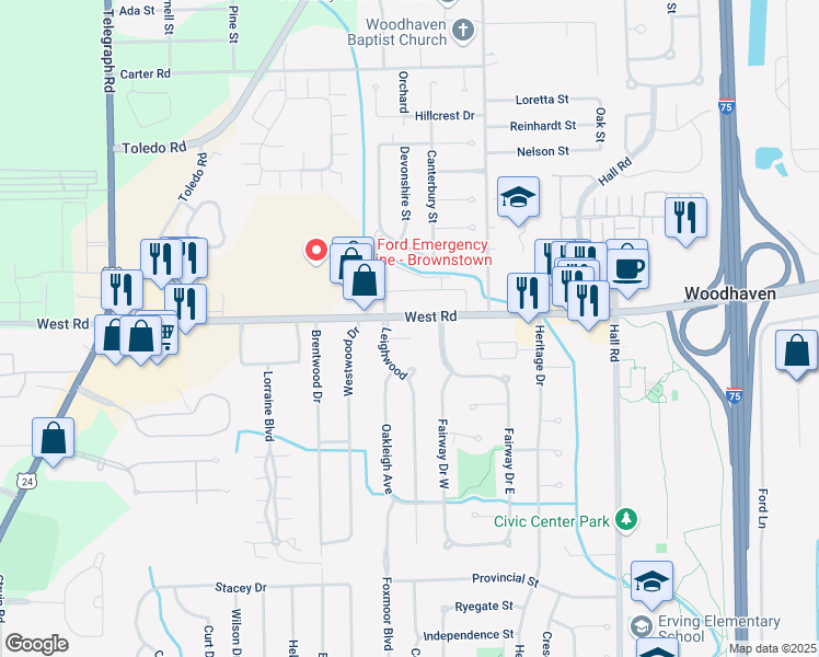 map of restaurants, bars, coffee shops, grocery stores, and more near 22654 Stratford Avenue in Trenton