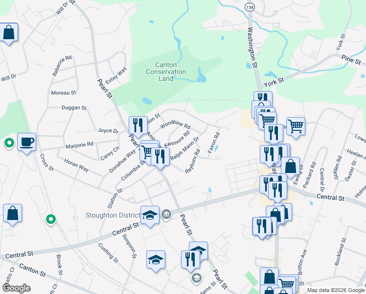 map of restaurants, bars, coffee shops, grocery stores, and more near 35 Kenmore Road in Stoughton