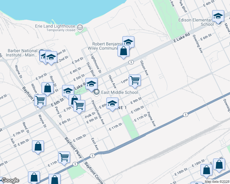 map of restaurants, bars, coffee shops, grocery stores, and more near 672 Hess Ave in Erie