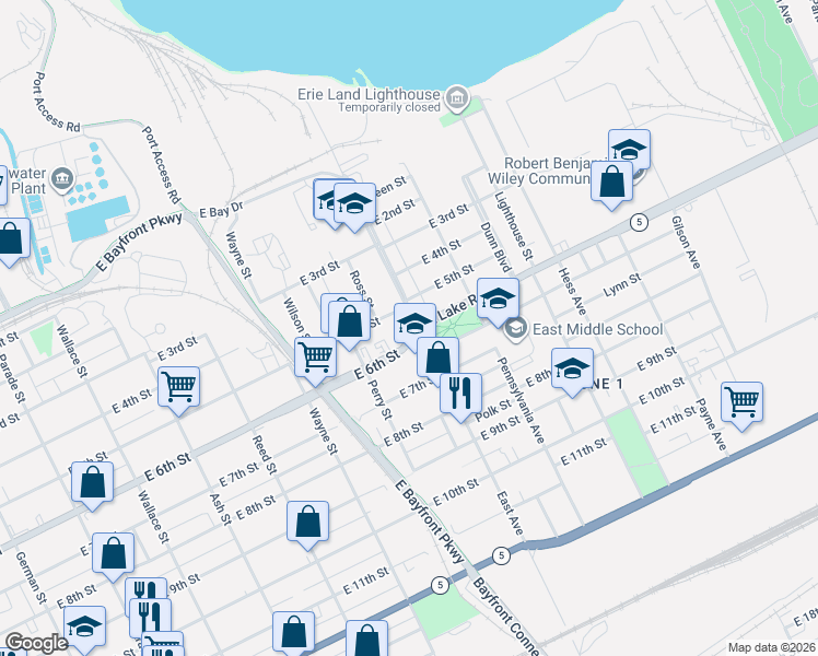 map of restaurants, bars, coffee shops, grocery stores, and more near 949 E 5th St in Erie