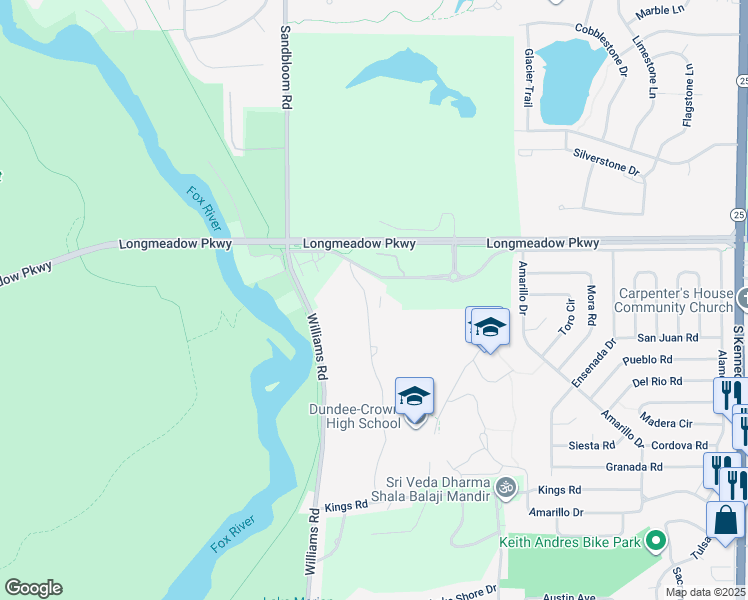 map of restaurants, bars, coffee shops, grocery stores, and more near 27 Oxford Drive in Carpentersville