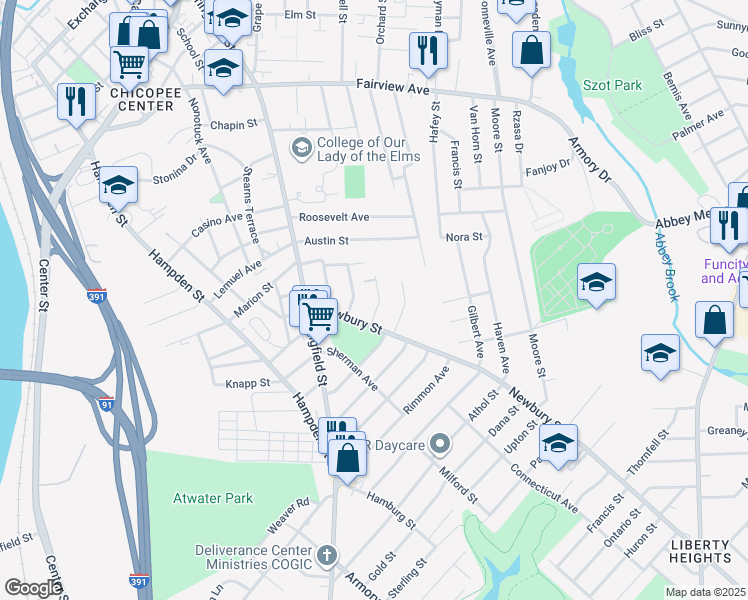 map of restaurants, bars, coffee shops, grocery stores, and more near 30 Conrad Street in Chicopee