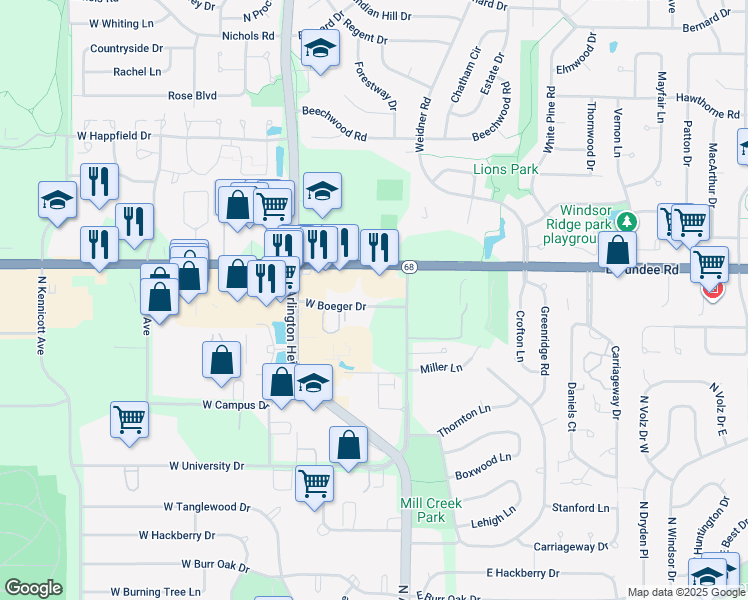map of restaurants, bars, coffee shops, grocery stores, and more near 3430 North Old Arlington Heights Road in Arlington Heights
