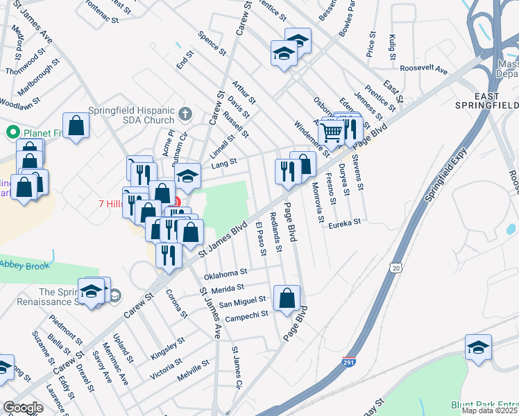 map of restaurants, bars, coffee shops, grocery stores, and more near 218 Saint James Boulevard in Springfield