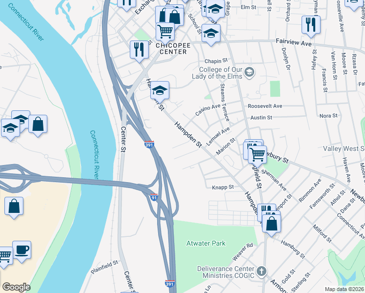 map of restaurants, bars, coffee shops, grocery stores, and more near 27 Kennedy Street in Chicopee
