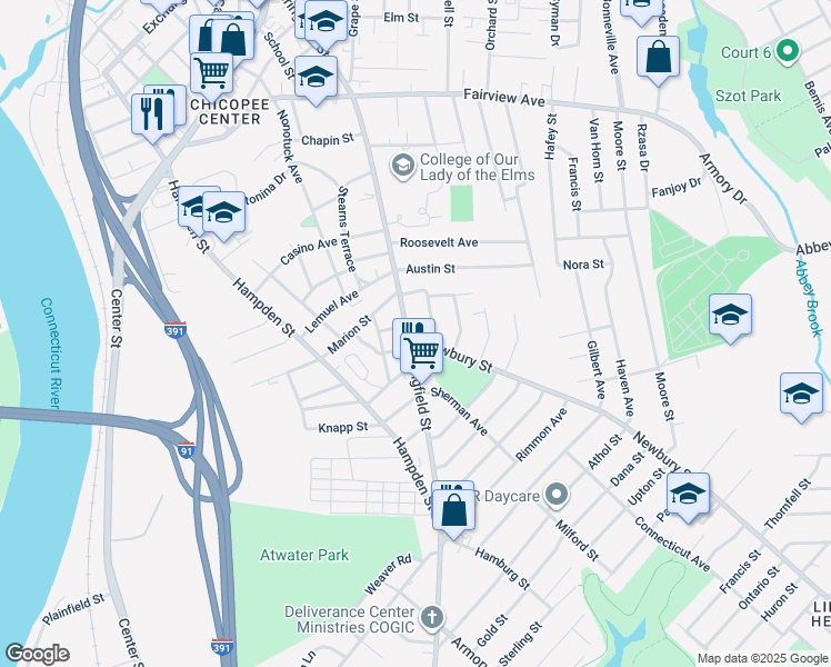 map of restaurants, bars, coffee shops, grocery stores, and more near 437 Springfield Street in Chicopee