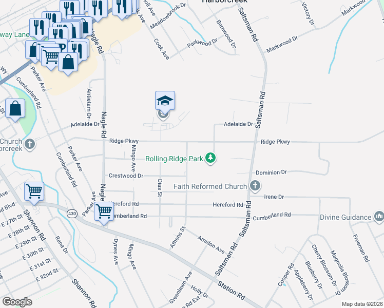 map of restaurants, bars, coffee shops, grocery stores, and more near 2721 Athens St in Erie