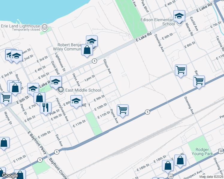 map of restaurants, bars, coffee shops, grocery stores, and more near 1428 E 9th St in Erie