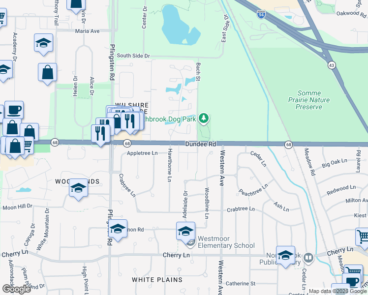 map of restaurants, bars, coffee shops, grocery stores, and more near 2515 Dundee Road in Northbrook