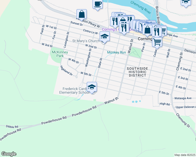 map of restaurants, bars, coffee shops, grocery stores, and more near 146 West 5th Street in Corning