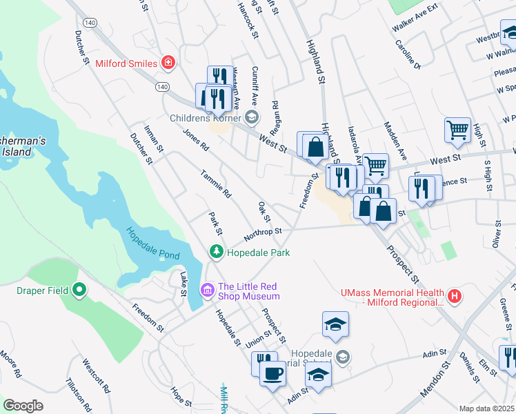 map of restaurants, bars, coffee shops, grocery stores, and more near 31 Oak Street in Hopedale