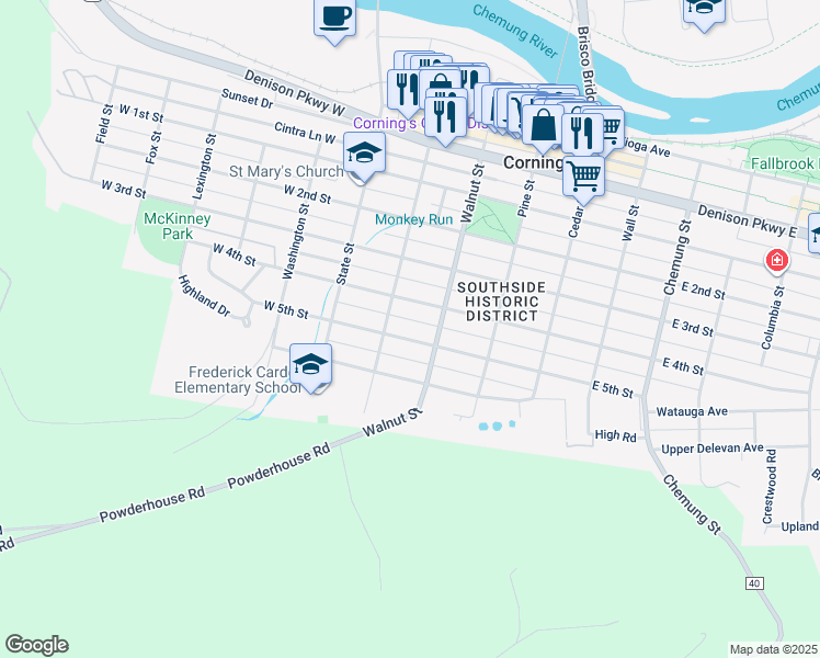 map of restaurants, bars, coffee shops, grocery stores, and more near 75 W 5th St in Corning
