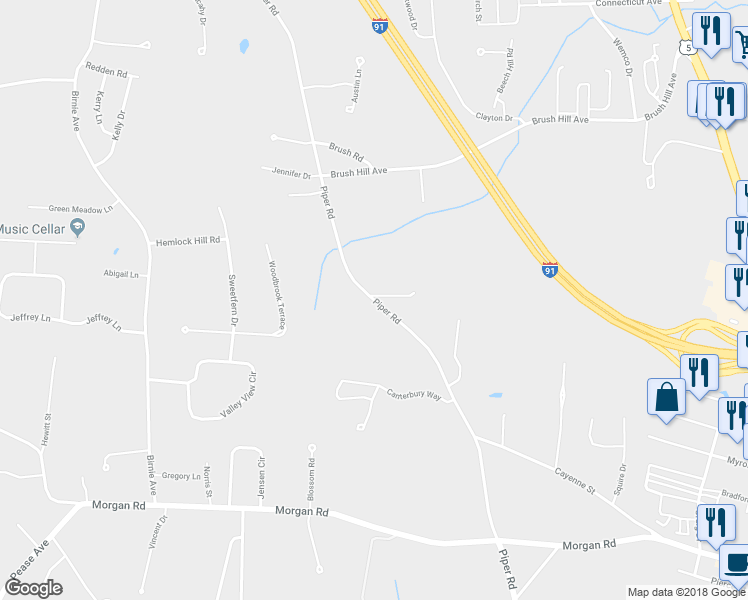 map of restaurants, bars, coffee shops, grocery stores, and more near 1089 Piper Road in West Springfield