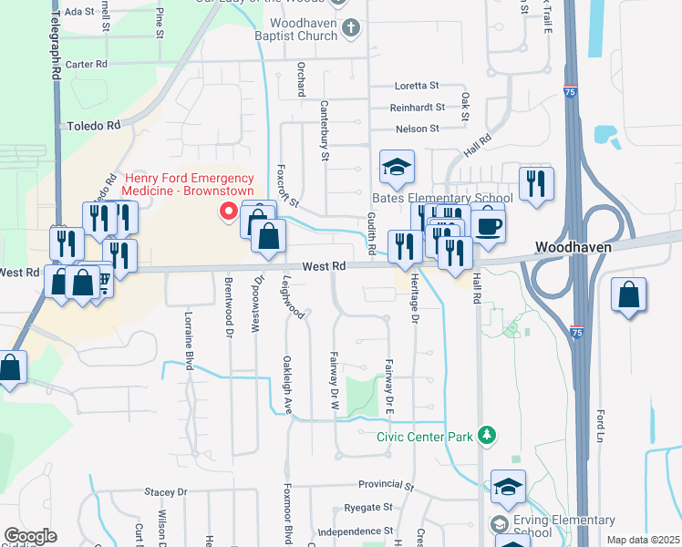 map of restaurants, bars, coffee shops, grocery stores, and more near 22481 West Road in Woodhaven
