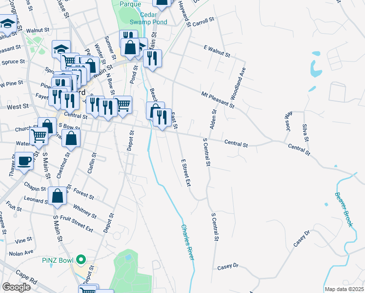 map of restaurants, bars, coffee shops, grocery stores, and more near 46 East Street Extension in Milford