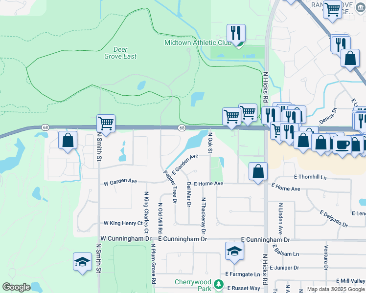 map of restaurants, bars, coffee shops, grocery stores, and more near 75 Country Club Court in Palatine