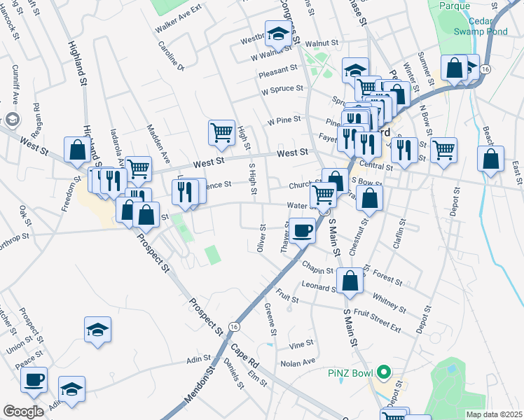 map of restaurants, bars, coffee shops, grocery stores, and more near 4 Oliver Street in Milford