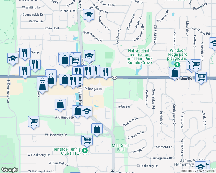 map of restaurants, bars, coffee shops, grocery stores, and more near 3430 N Old Arlington Heights Rd in Arlington Heights