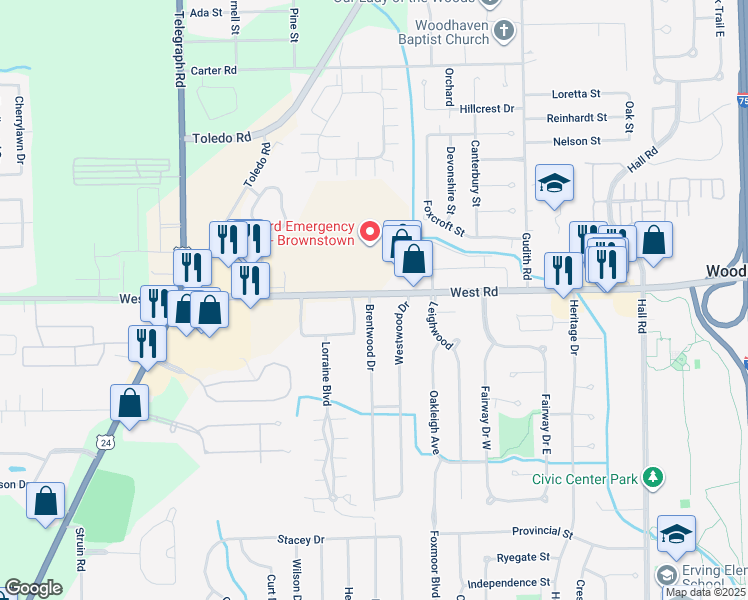 map of restaurants, bars, coffee shops, grocery stores, and more near 23013 Brentwood Drive in Brownstown Charter Township