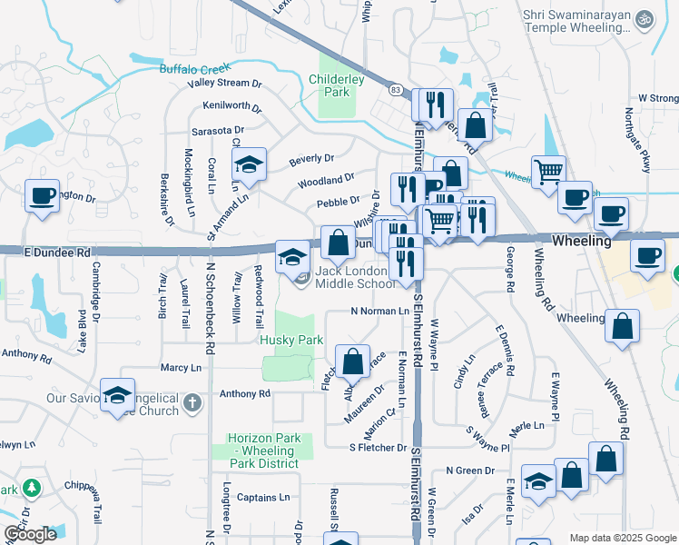 map of restaurants, bars, coffee shops, grocery stores, and more near 901 West Dundee Road in Wheeling