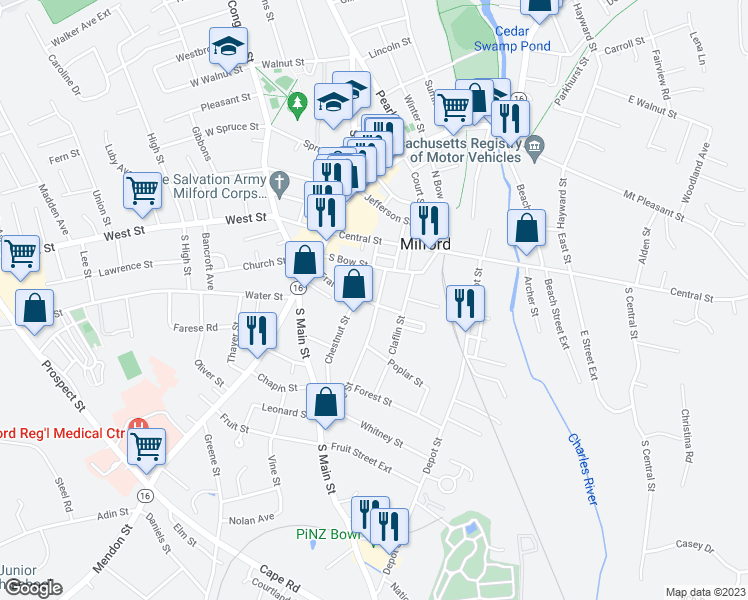 map of restaurants, bars, coffee shops, grocery stores, and more near 42 Franklin Street in Milford