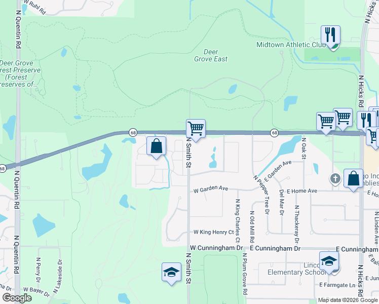map of restaurants, bars, coffee shops, grocery stores, and more near 1465 N Smith St in Palatine
