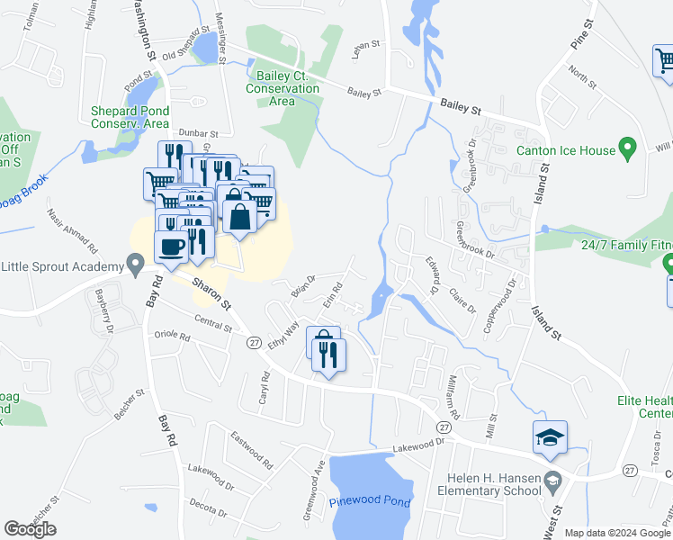 map of restaurants, bars, coffee shops, grocery stores, and more near 5 Brian Drive in Stoughton
