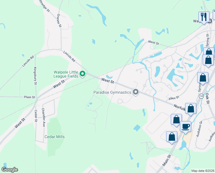 map of restaurants, bars, coffee shops, grocery stores, and more near 3 Renmar Avenue in Walpole