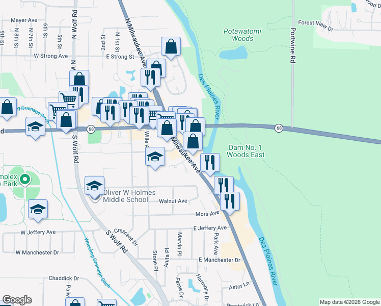 map of restaurants, bars, coffee shops, grocery stores, and more near 119 S Milwaukee Ave in Wheeling